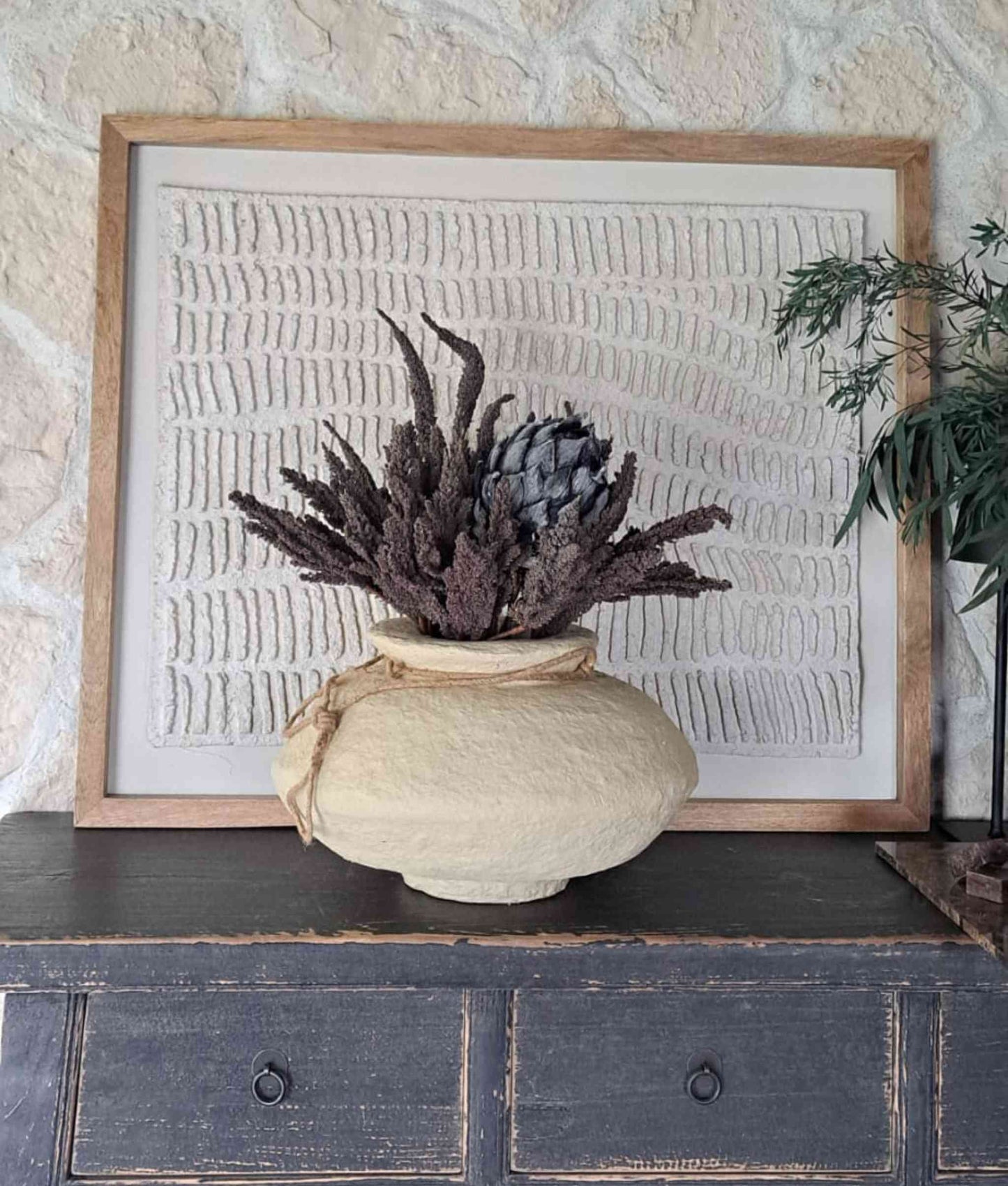 Faux Floral Arrangement in Vintage Paper Maché Vase