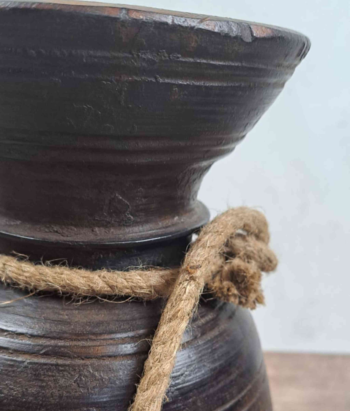 Antique Wooden Himachal Pot - Rope Detail