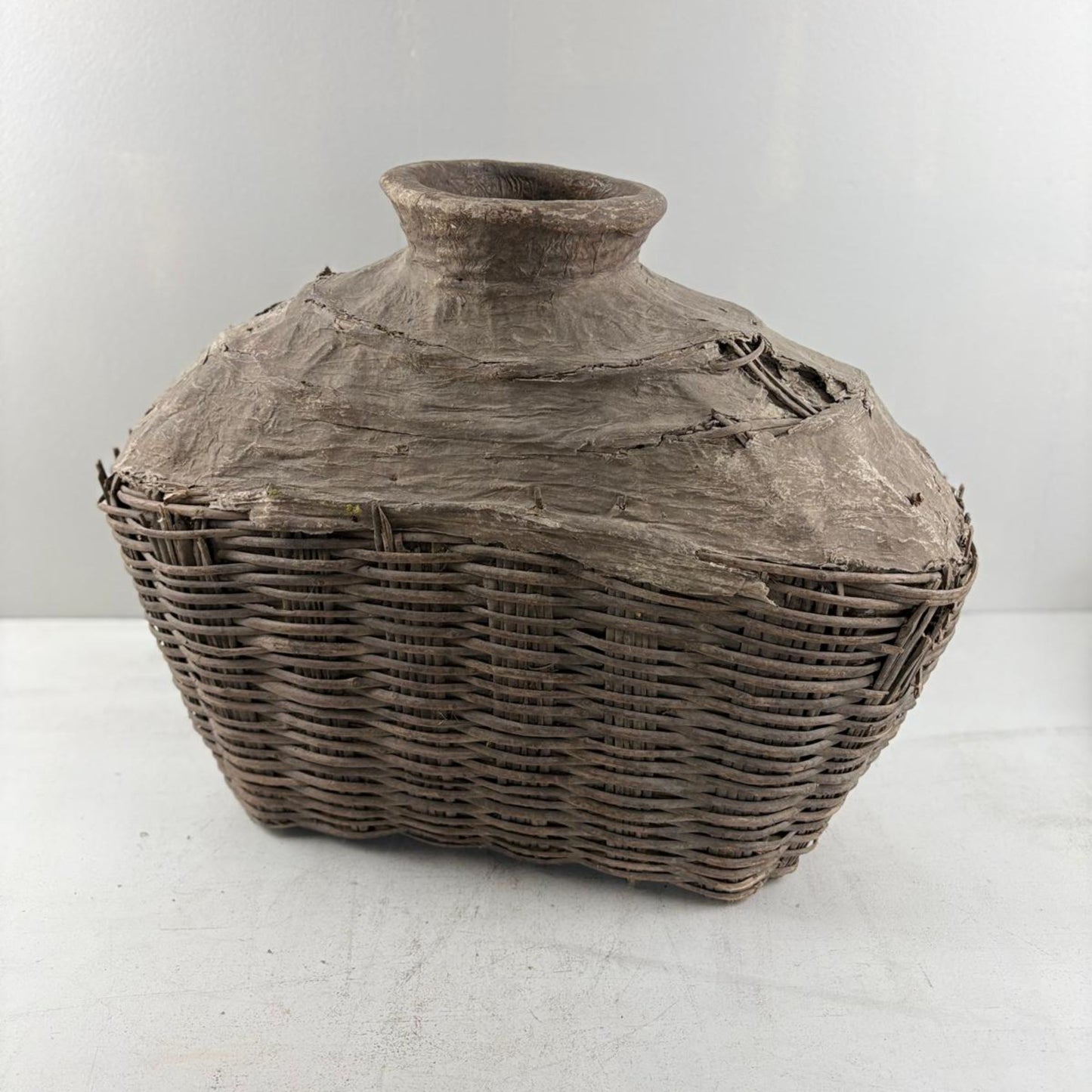 Antique Chinese Wicker & Clay Oil Bottle Loam Basket - Shanxi, China