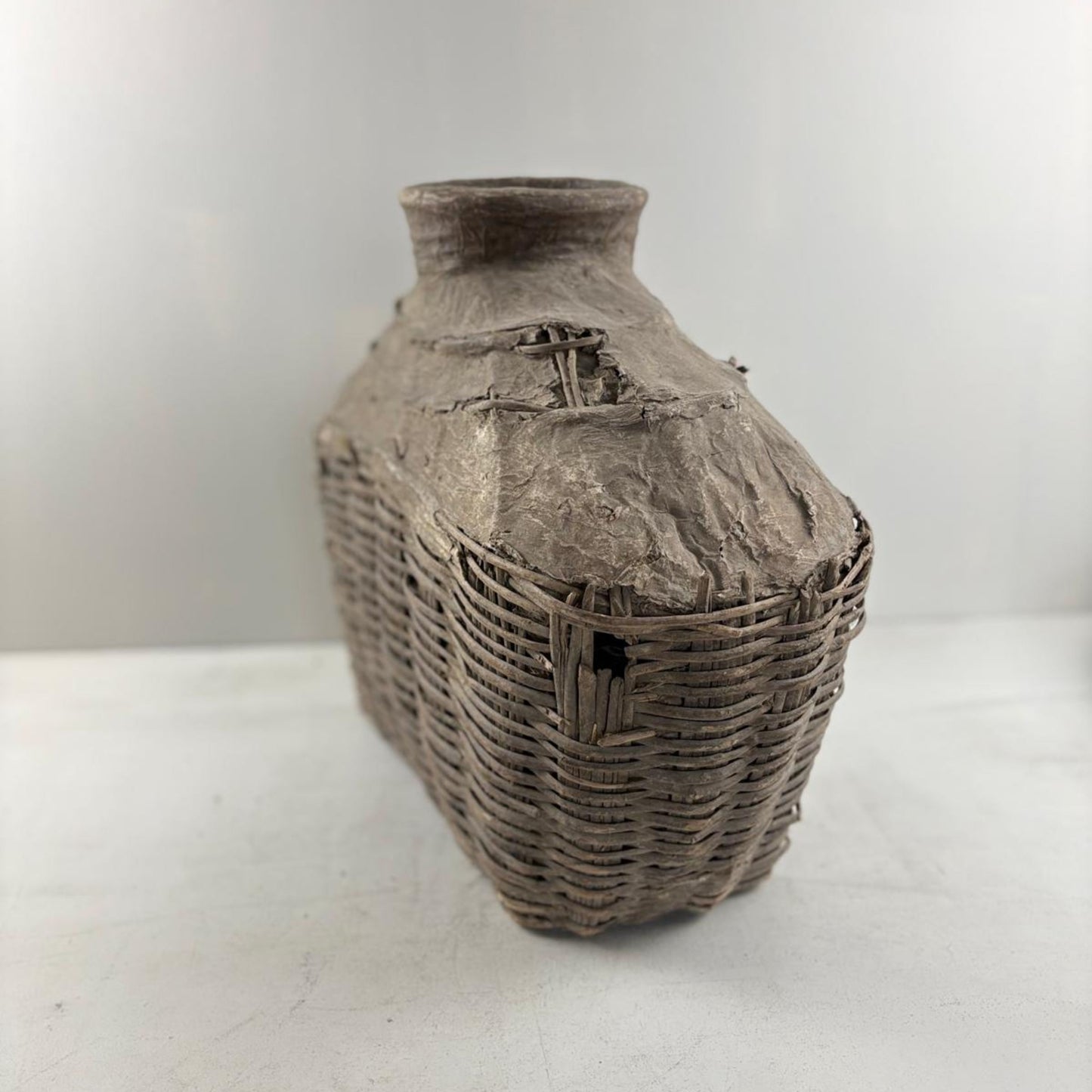 Antique Chinese Wicker & Clay Oil Bottle Loam Basket - Shanxi, China