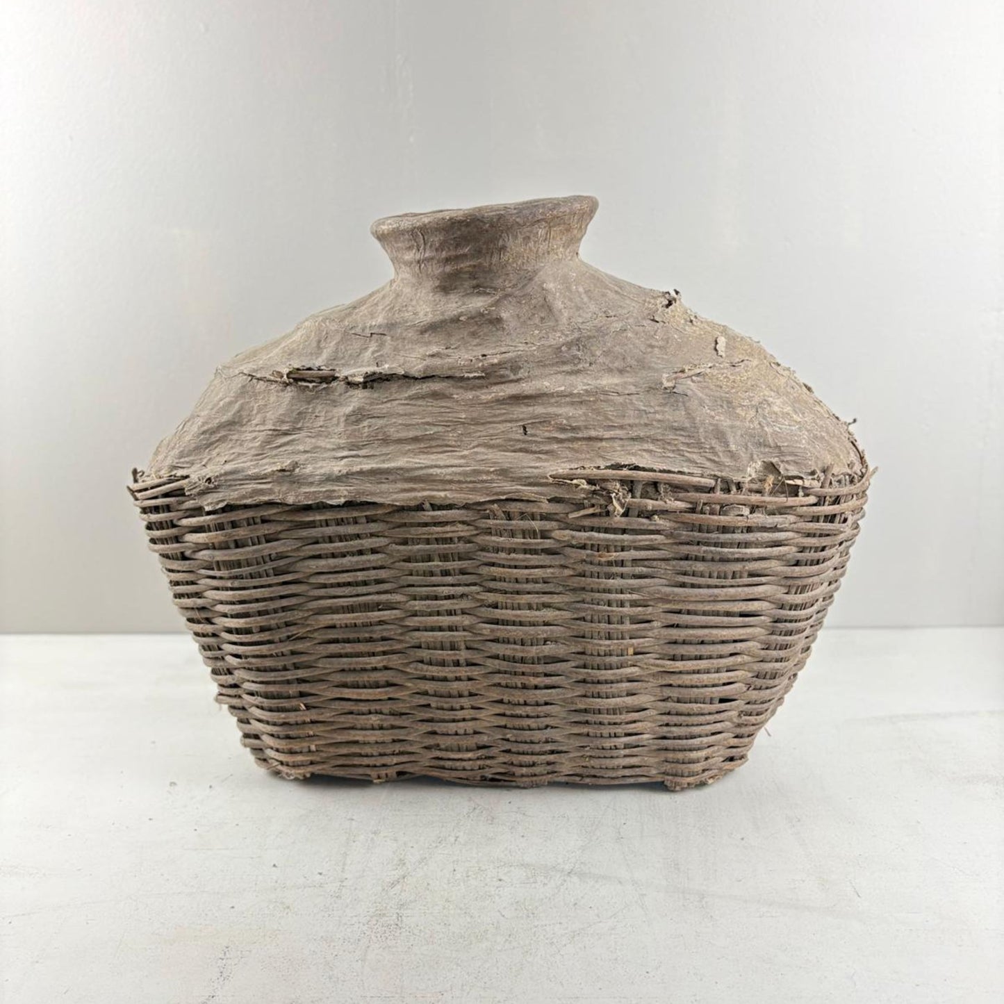 Antique Chinese Wicker & Clay Oil Bottle Loam Basket - Shanxi, China