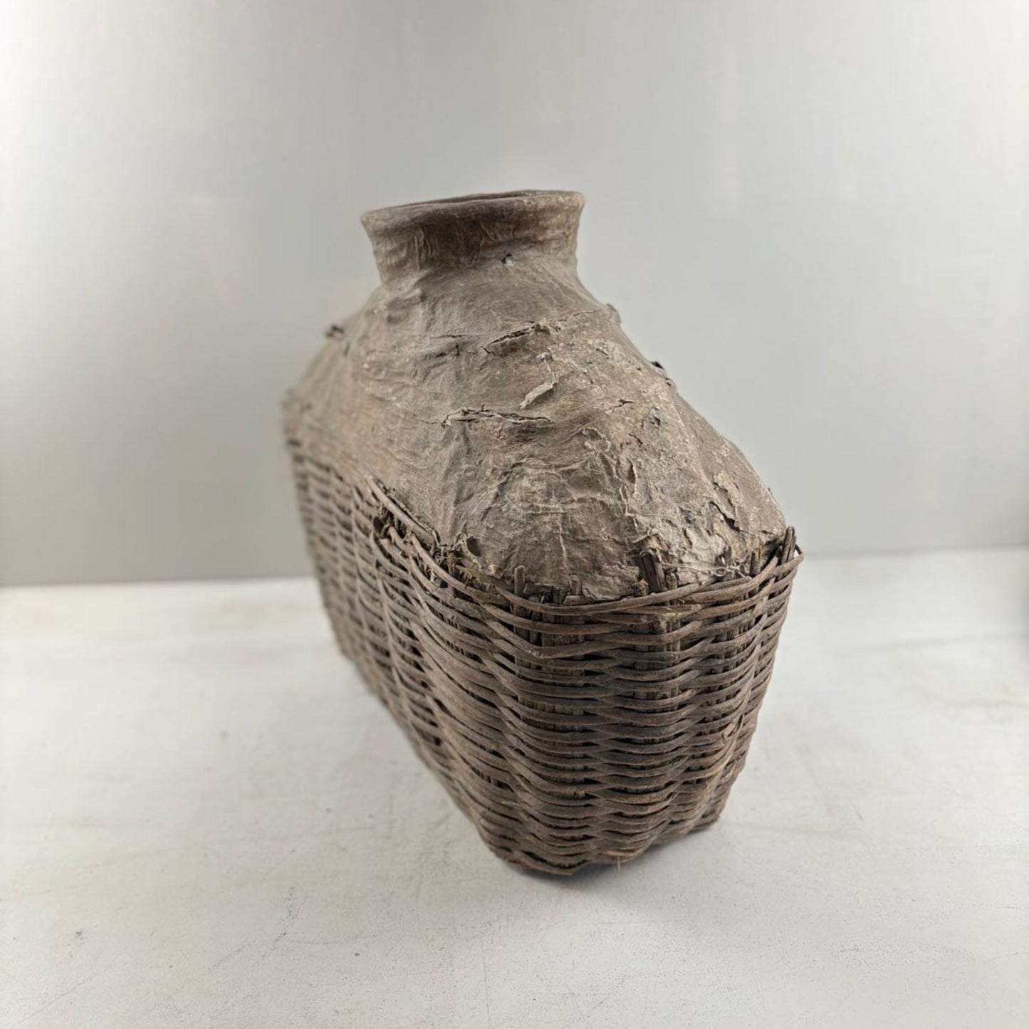 Antique Chinese Wicker & Clay Oil Bottle Loam Basket - Shanxi, China