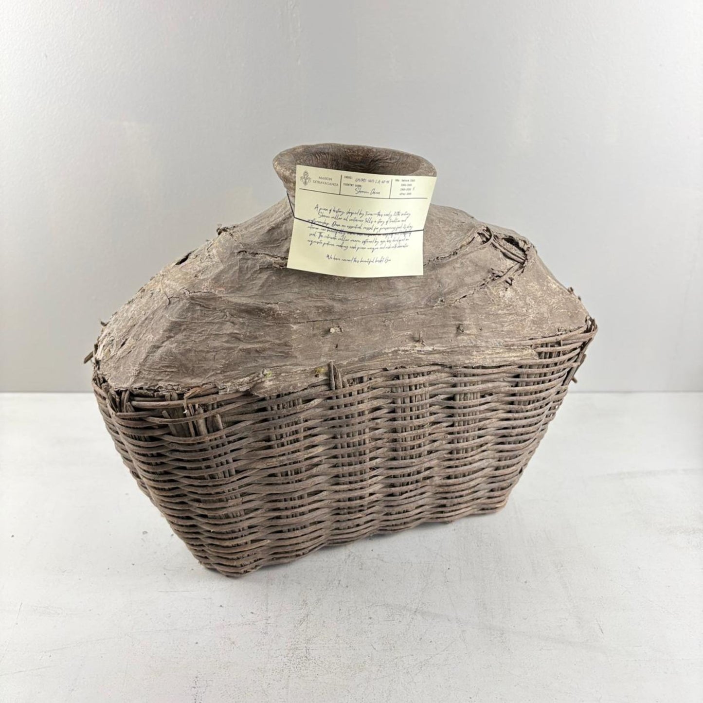 Antique Chinese Wicker & Clay Oil Bottle Loam Basket - Shanxi, China