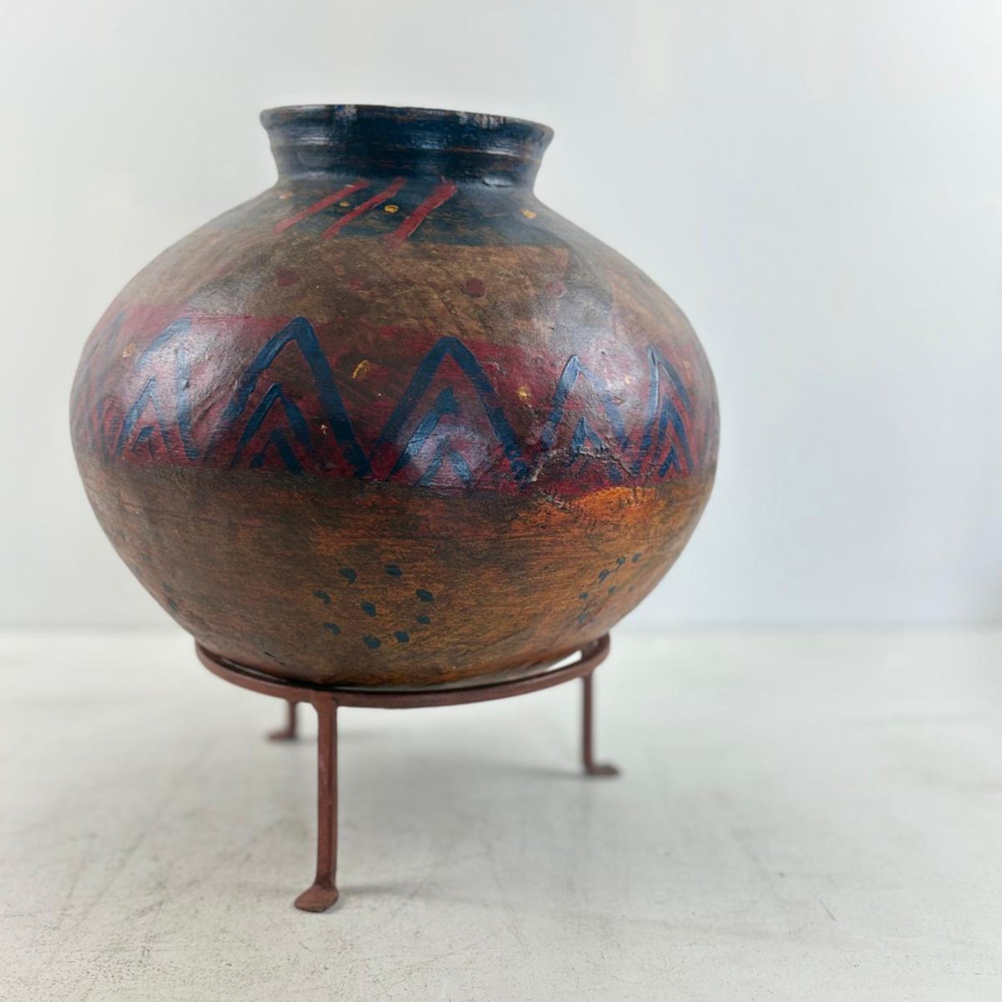 Vintage Indian Clay Water Vessel Vase with Stand