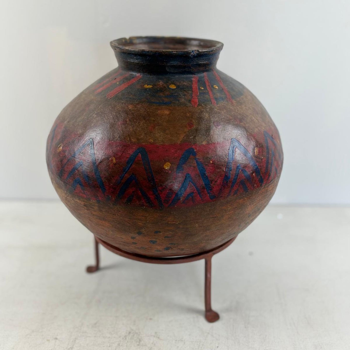 Vintage Indian Clay Water Vessel Vase with Stand