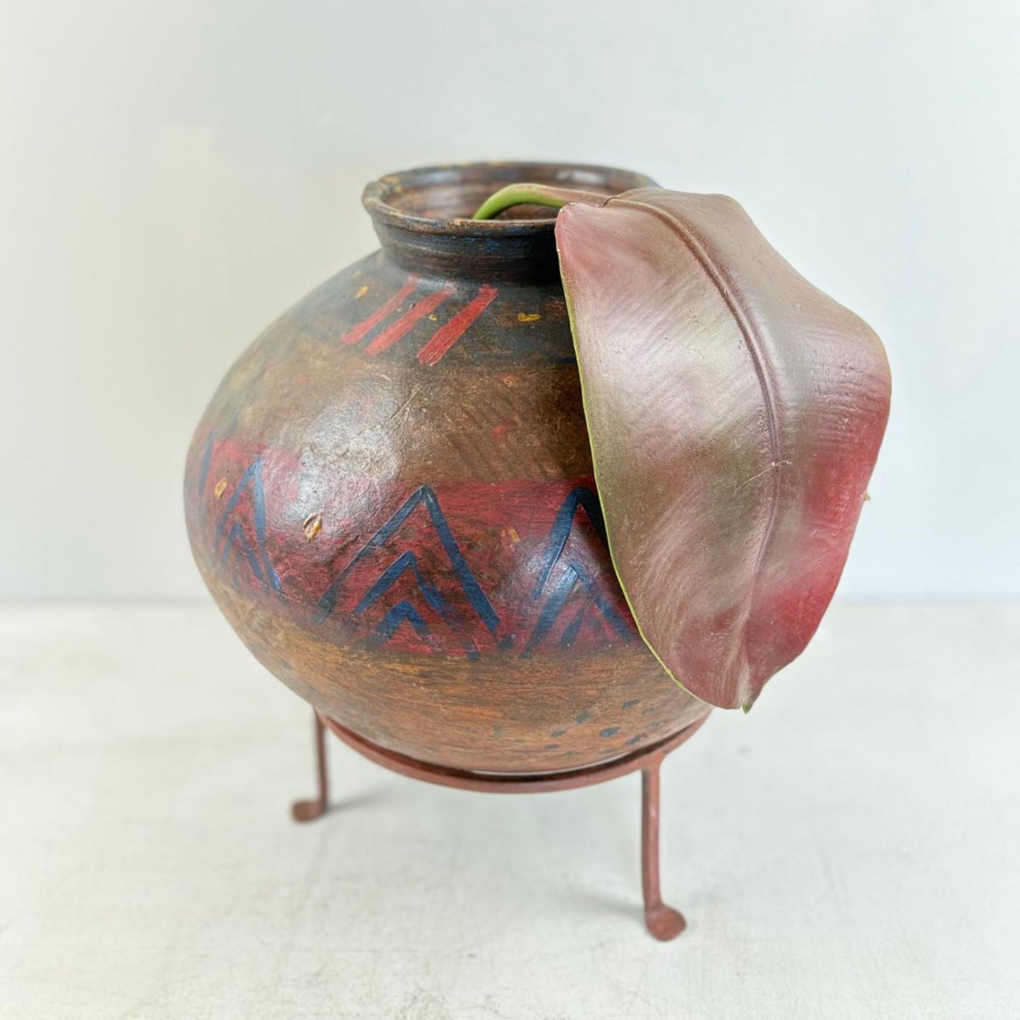 Vintage Indian Clay Water Vessel Vase with Stand