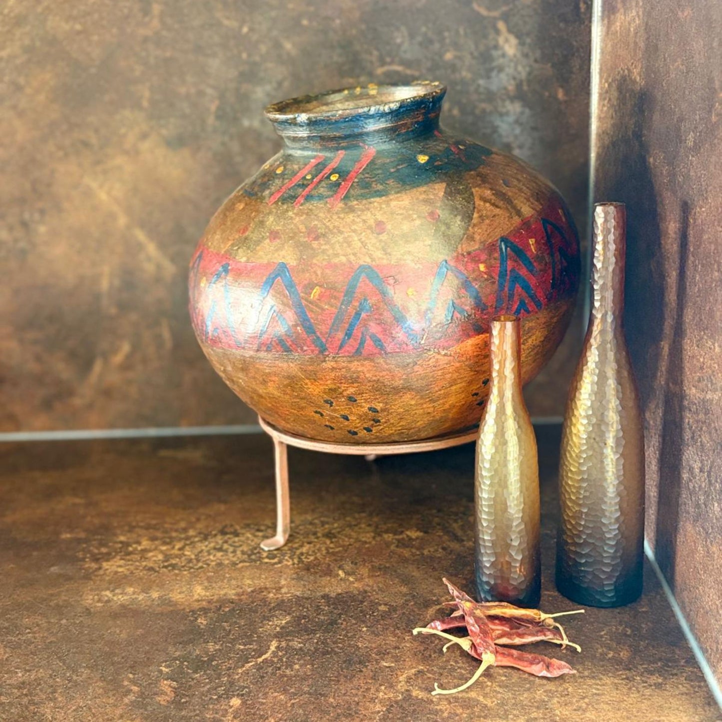 Vintage Indian Clay Water Vessel Vase with Stand
