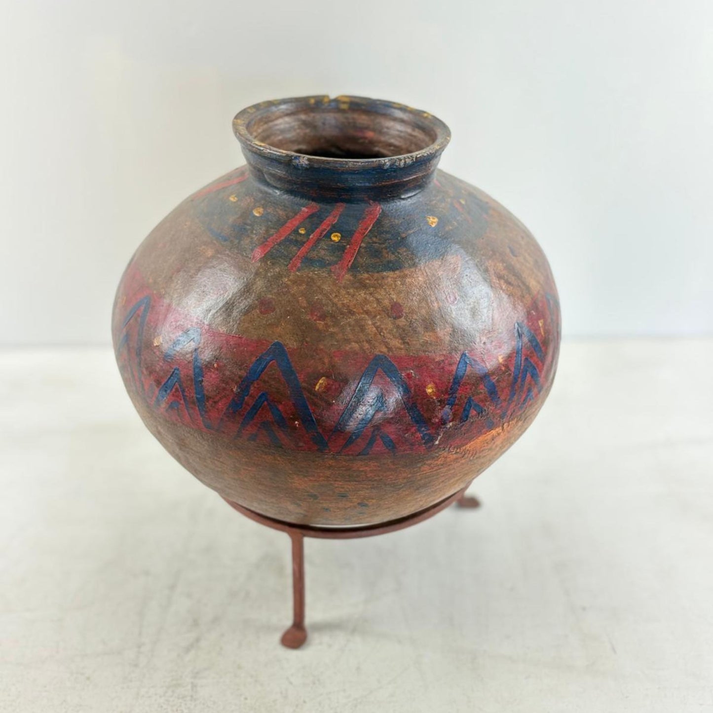 Vintage Indian Clay Water Vessel Vase with Stand
