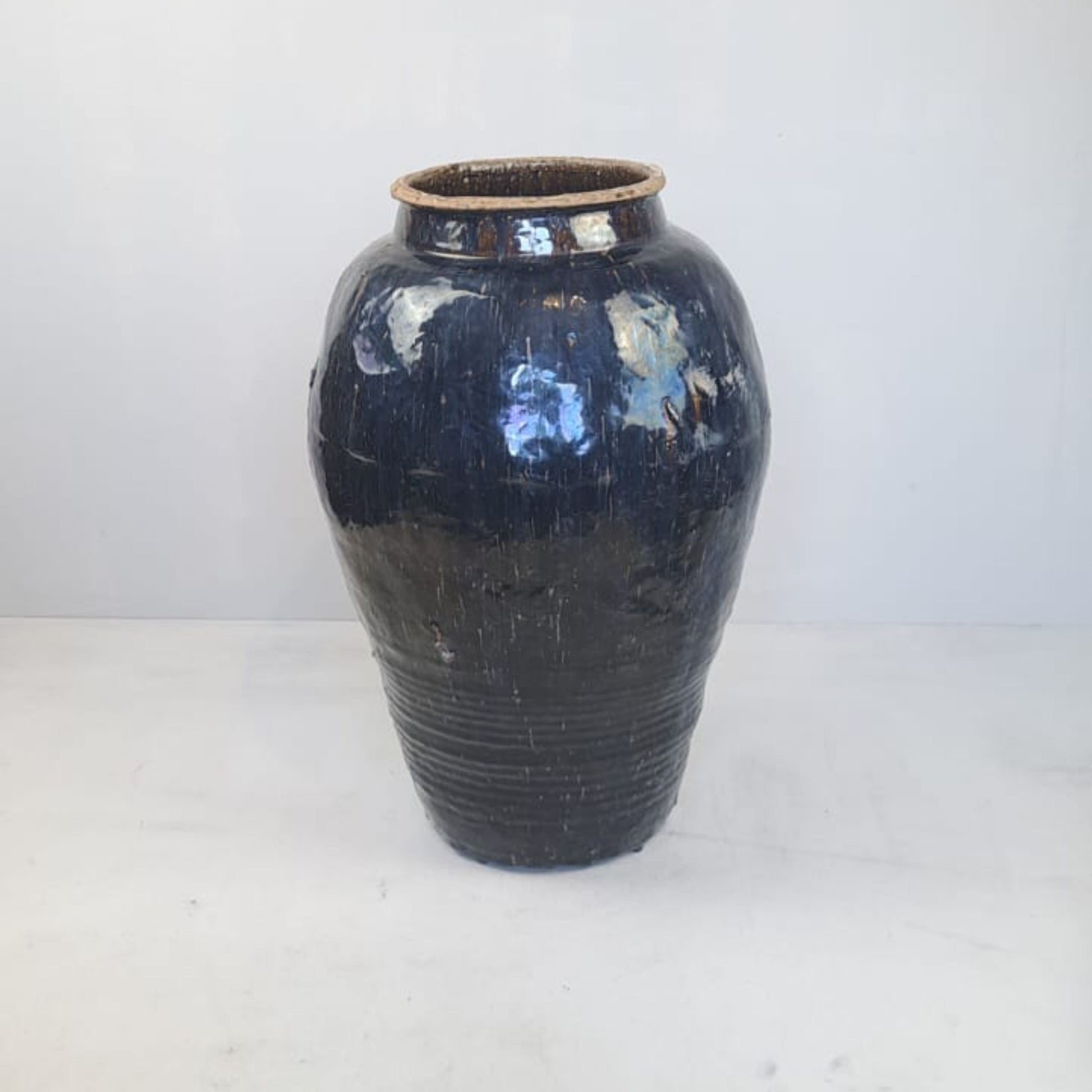 Rare Vintage Antique Glazed Pottery Vase- Black/Blue