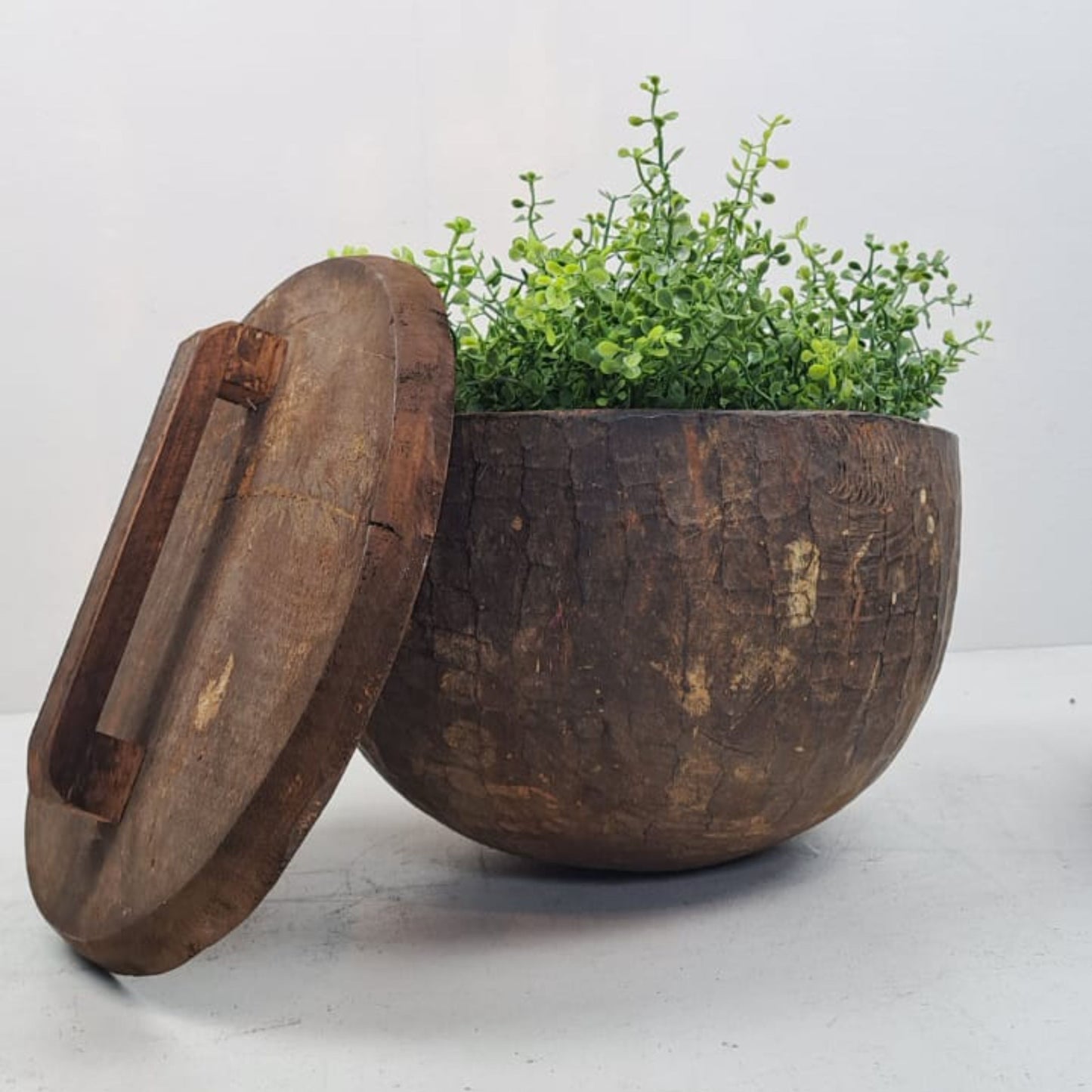 Unique Vintage Wooden Lidded Pot from Indonesia