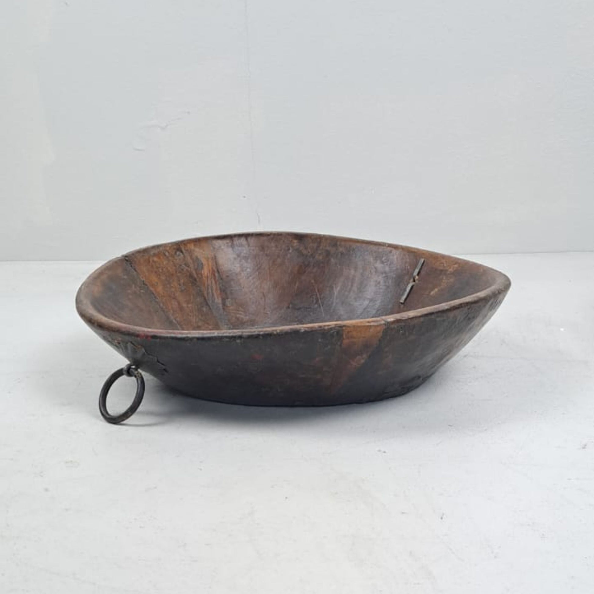 Vintage Artisan Handcarved Wooden Bowl with rings