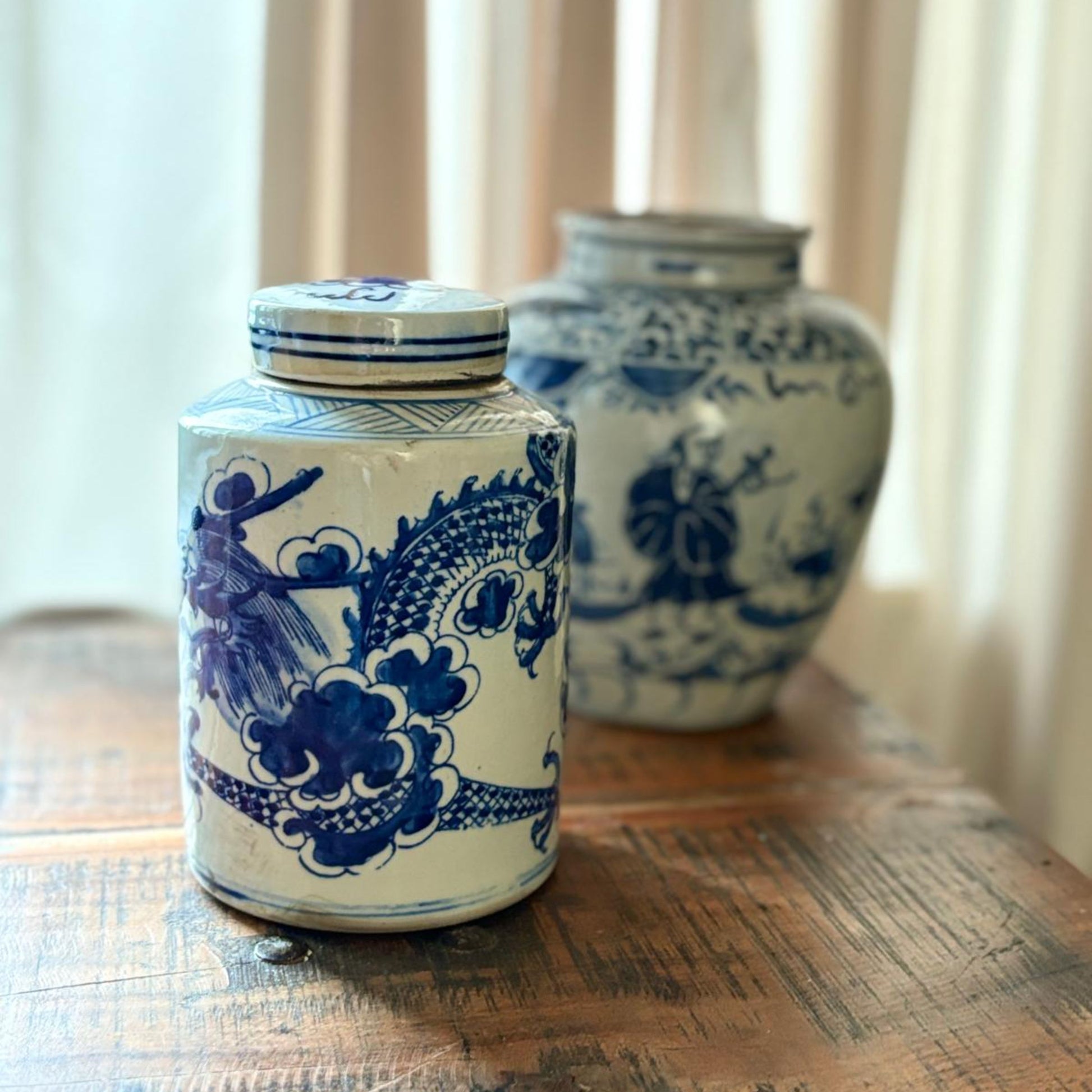 Blue and White Chinese Ginger Jar, Porcelain Tea Leaf Vase