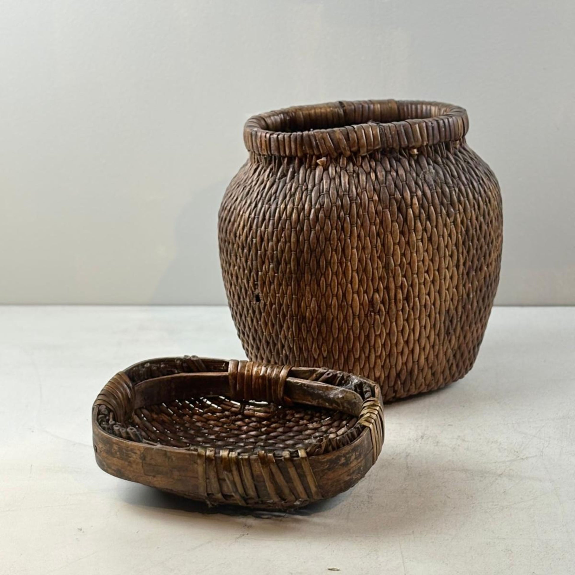Antique Chinese Wicker & Wood Fish Basket - Shanxi, China