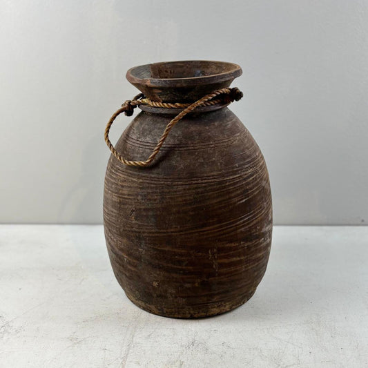Antique Wooden Himachal Pot  - Rope Detail