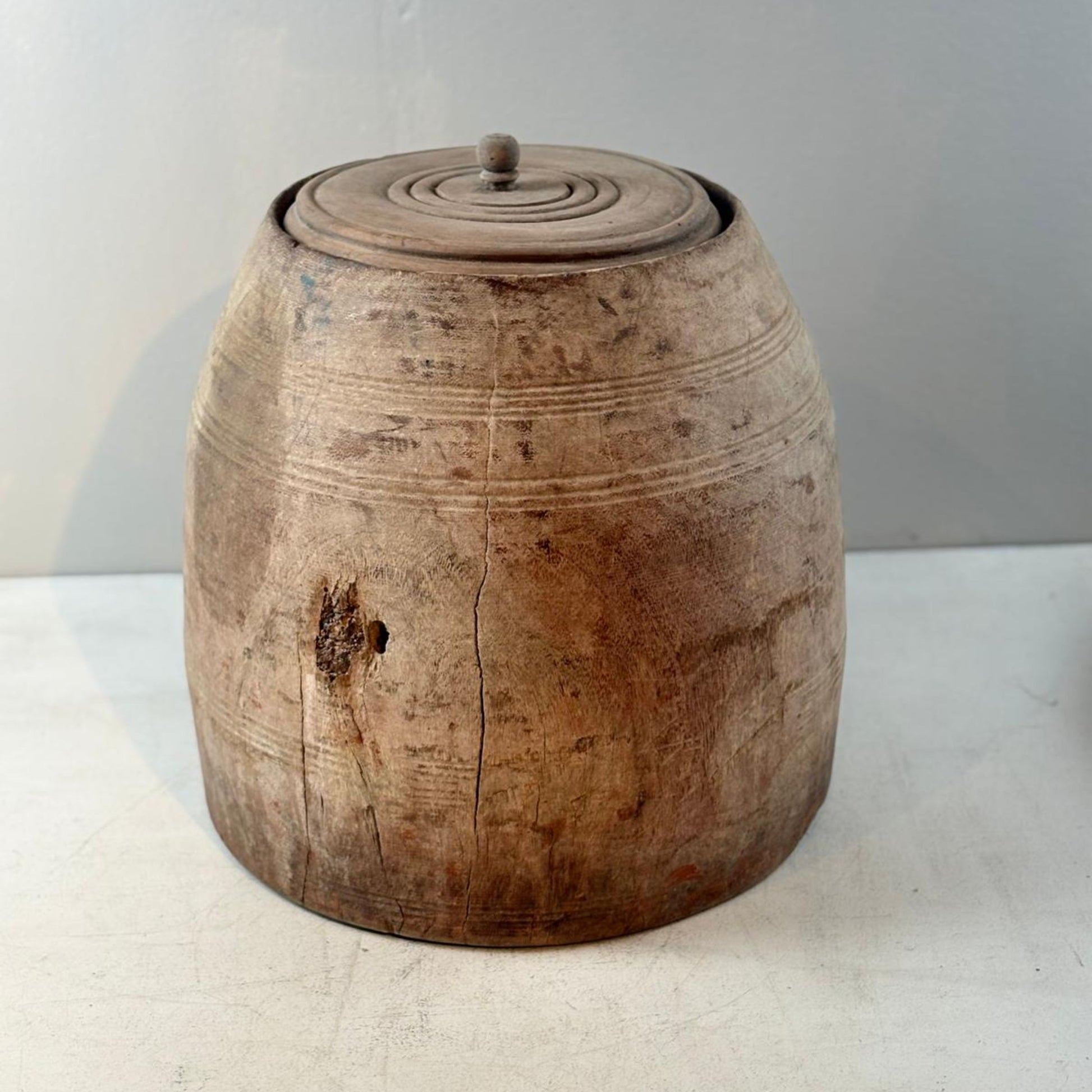 Unique Vintage Wooden Lidded Tabacco Pot - Kata, Tibet