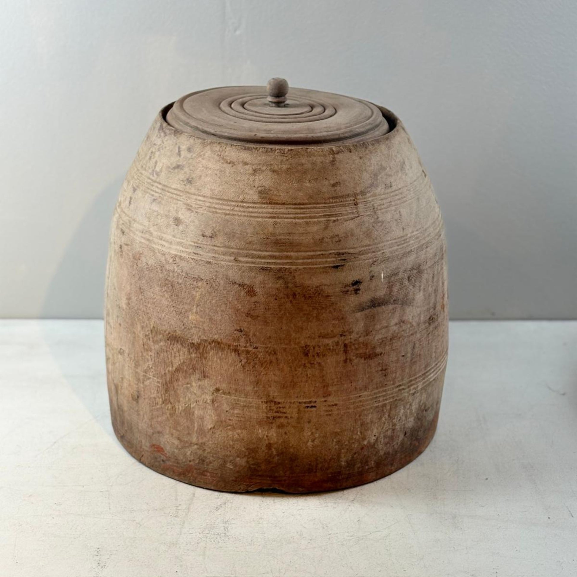 Unique Vintage Wooden Lidded Tabacco Pot - Kata, Tibet