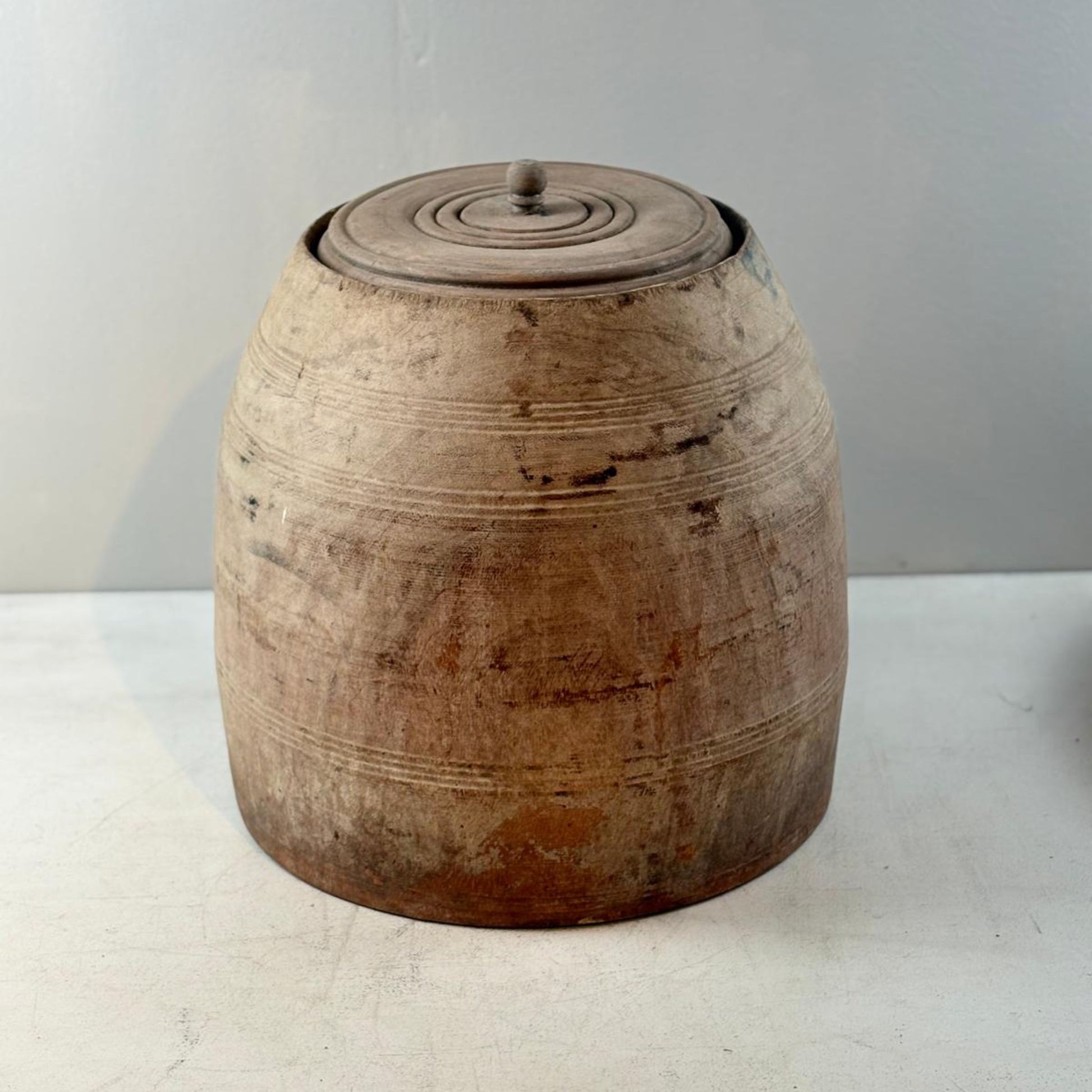 Unique Vintage Wooden Lidded Tabacco Pot - Kata, Tibet