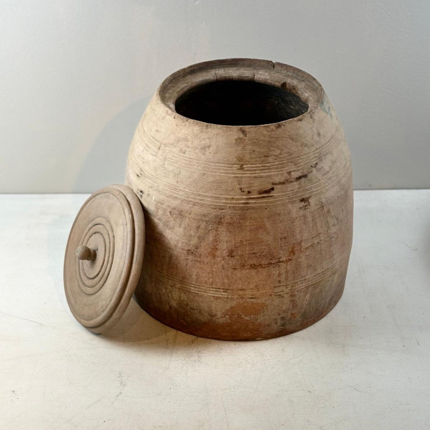 Unique Vintage Wooden Lidded Tabacco Pot - Kata, Tibet