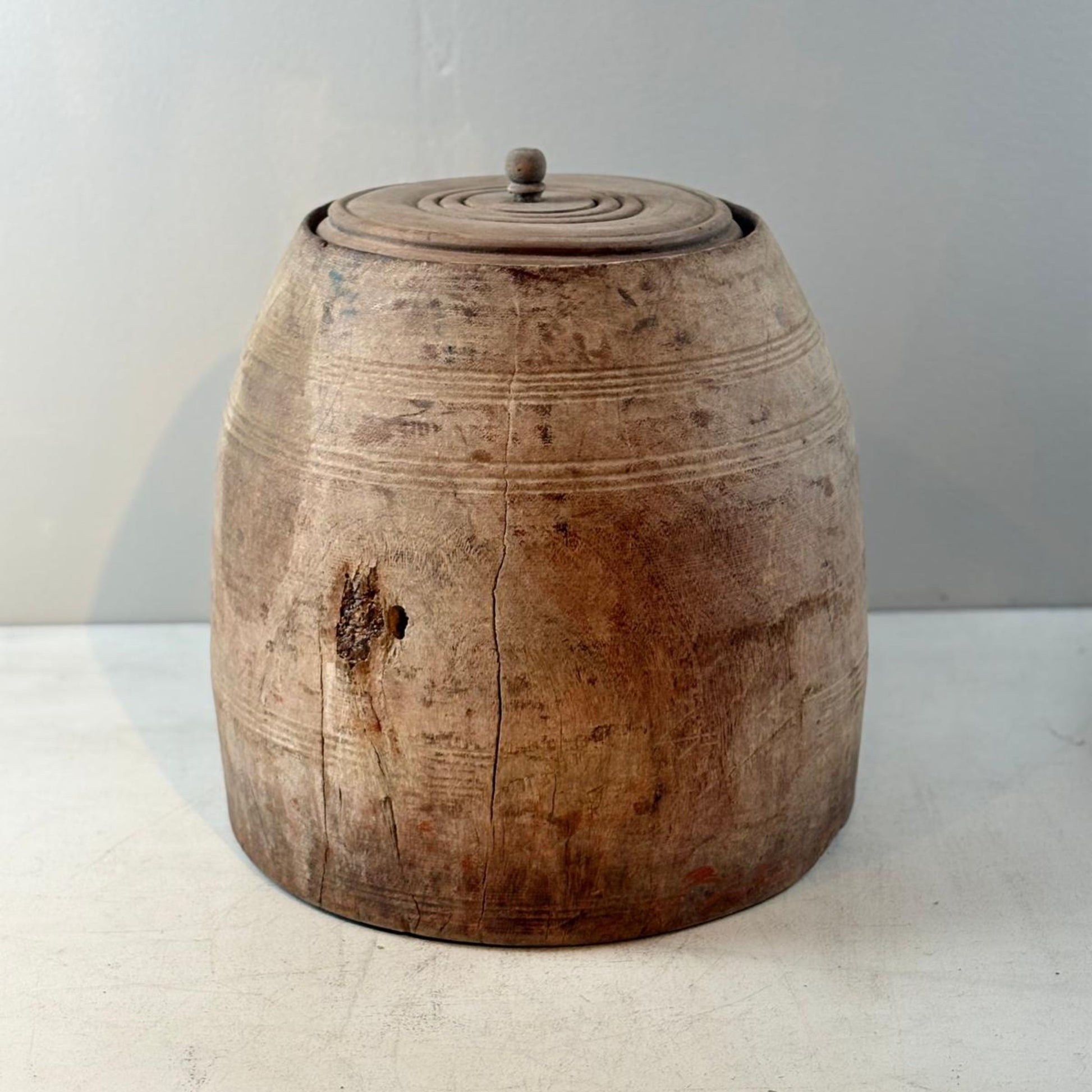 Unique Vintage Wooden Lidded Tabacco Pot - Kata, Tibet