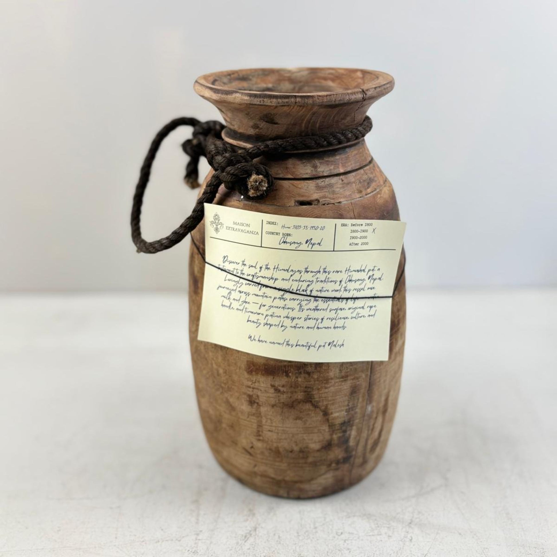 Antique Wooden Himachal Pot - Chhusang, Nepal, Vintage Wooden Vase, Himachal Water Pot, Artisan Vase, Wooden Vessel, One-of-a-Kind