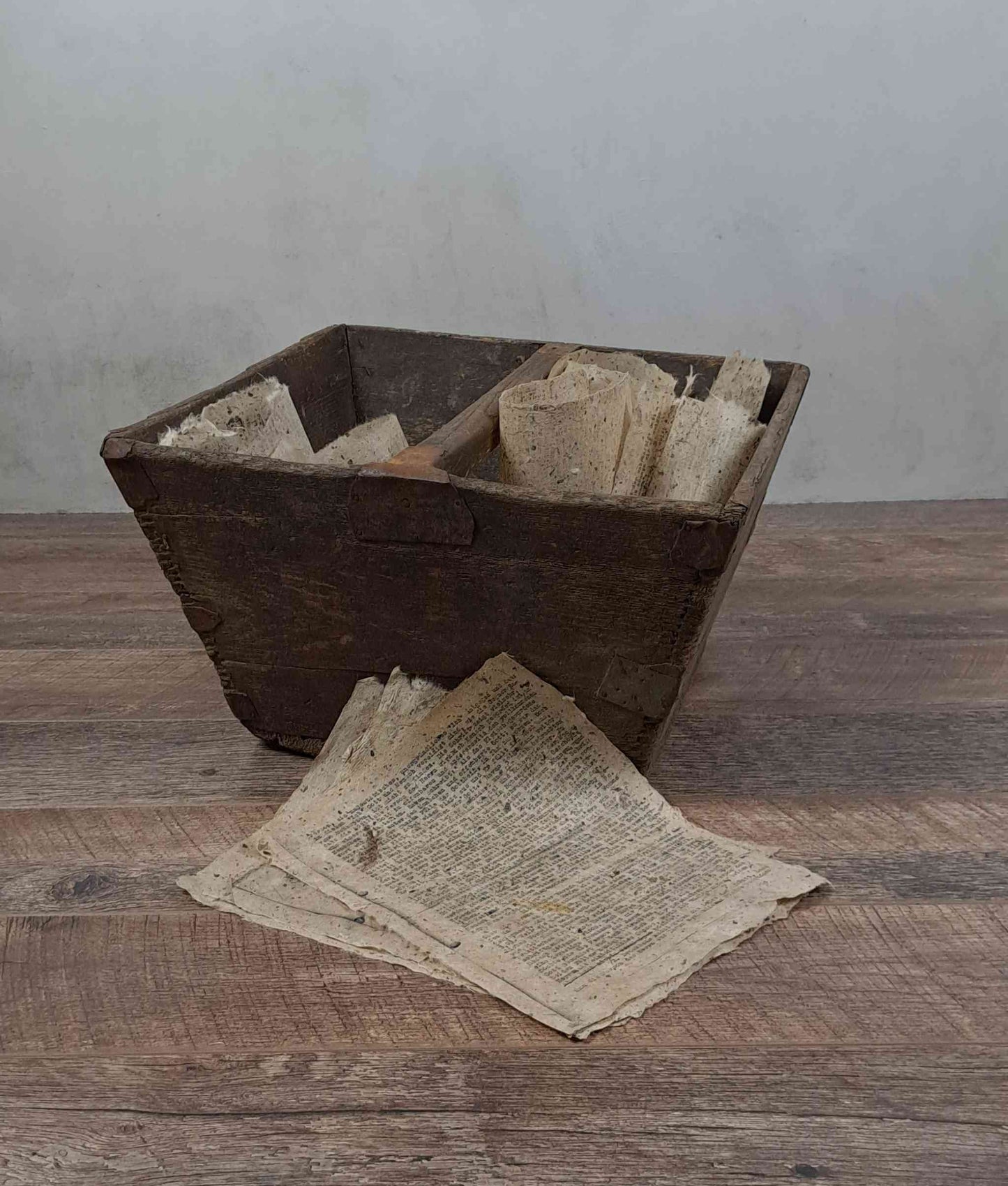 Vintage Chinese Wooden Rice Basket Box with Handle